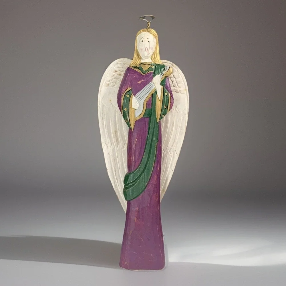 Pier 1 Wooden Angel Wings Halo Figurine Plays Lute Purple Green Carved Folk Art
